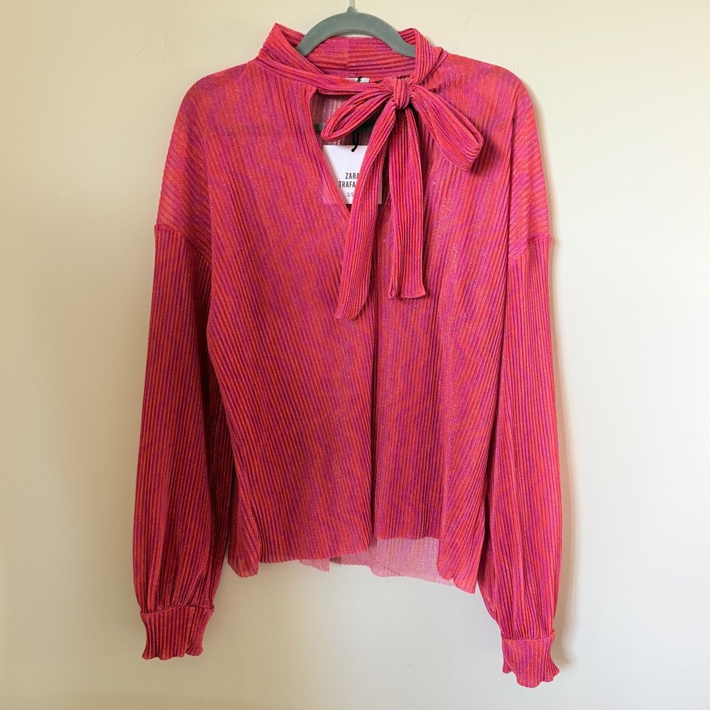 Zara Trafaluf Pink And Orange Metallic Tie-Neck Blouse